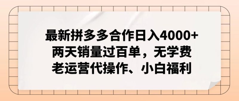 （12869期）拼多多最新合作日入4000+两天销量过百单，无学费、老运营代操作、小白福利-副业心选