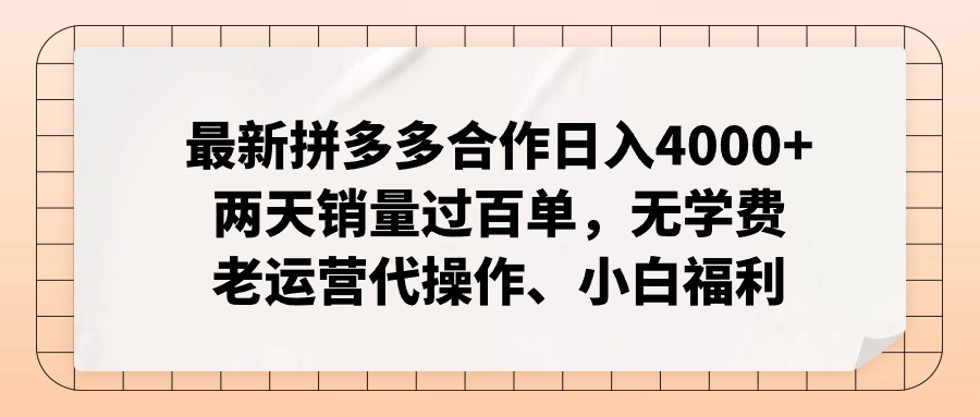 （12869期）拼多多最新合作日入4000+两天销量过百单，无学费、老运营代操作、小白福利 - 副业心选-副业心选