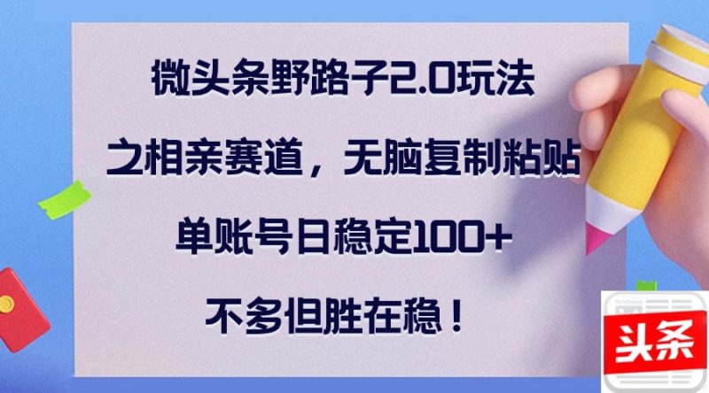 （12763期）微头条野路子2.0玩法之相亲赛道，无脑复制粘贴，单账号日稳定100+，不…-副业心选