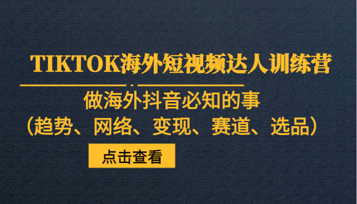 TIKTOK海外短视频达人训练营，做海外抖音必知的事（趋势、网络、变现、赛道、选品）-副业心选