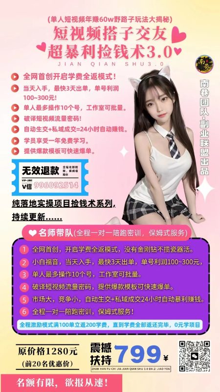 单人短视频年赚60w野路子玩法大揭秘(短视频搭子交友超暴利捡钱术3.0)-副业心选