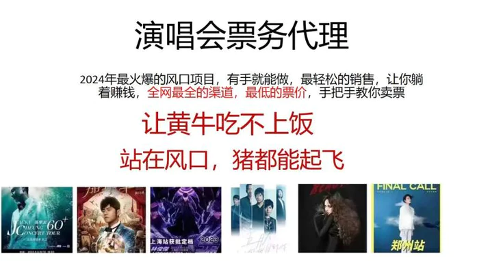 演唱会票务代理，2024年最火爆风口项目，全网最低的票价，小白一分钟上手日入2000+ - 副业心选-副业心选