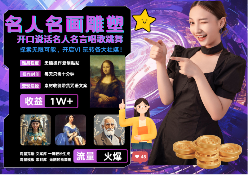 名画名人名言超强反转唱歌跳舞说话 吸睛火爆流量爆炸 每天三分钟 月入过万 - 副业心选-副业心选