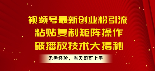 视频号最新创业粉引流，粘贴复制矩阵操作，破播放技术大揭秘，无需经验，当天即可上手 - 副业心选-副业心选