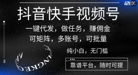抖音快手视频号一键代发，做任务，赚佣金，可矩阵，多账号，可批量-副业心选