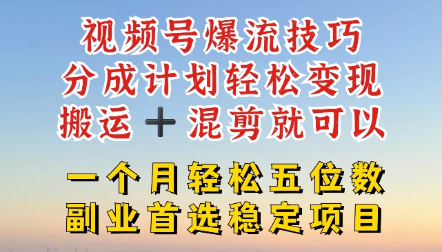 视频号爆流技巧，分成计划轻松变现，搬运 +混剪就可以，一个月轻松五位数稳定项目【揭秘】 - 副业心选-副业心选