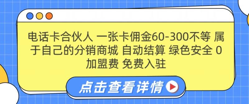 电话卡合伙人，一张卡佣金60-300不等，0加盟费， 搭建属于自己的分销商城，自动结算-副业心选