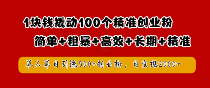 1块钱撬动100个精准创业粉，简单粗暴高效长期精准，单人单日引流500+创业粉，日变现2k【揭秘】-副业心选