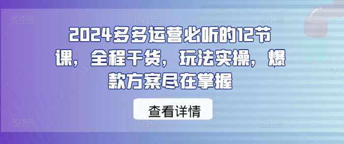 2024多多运营必听的12节课，全程干货，玩法实操，爆款方案尽在掌握 - 副业心选-副业心选