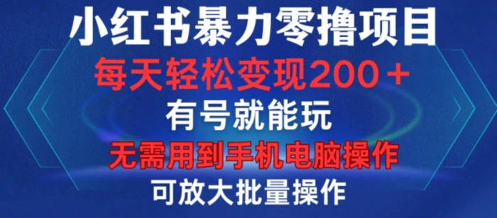小红书暴力零撸项目，有号就能玩，单号每天变现1到15元，可放大批量操作，无需手机电脑操作【揭秘】-副业心选
