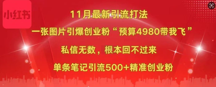 小红书11月最新图片打粉，一张图片引爆创业粉，“预算4980带我飞”，单条引流500+精准创业粉 - 副业心选-副业心选