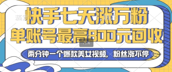 2024年快手七天涨万粉，但账号最高800元回收，两分钟一个爆款美女视频 - 副业心选-副业心选