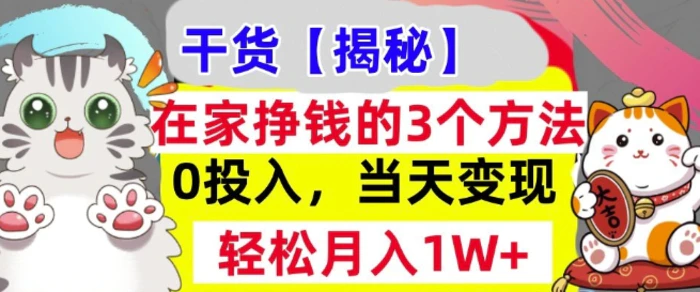 在家挣钱的3个方法，0投入，当天变现，轻松月入过W-副业心选