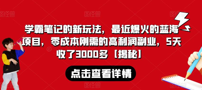 学霸笔记的新玩法，最近爆火的蓝海项目，零成本刚需的高利润副业，5天收了3000多【揭秘】 - 副业心选-副业心选
