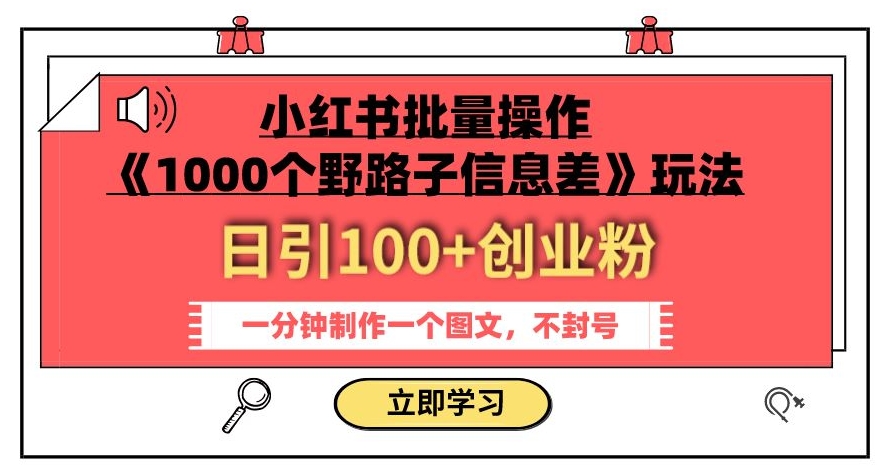 小红书批量操作《1000个野路子信息差》玩法，一分钟制作一个图文，不封号，日引100+创业粉 - 副业心选-副业心选