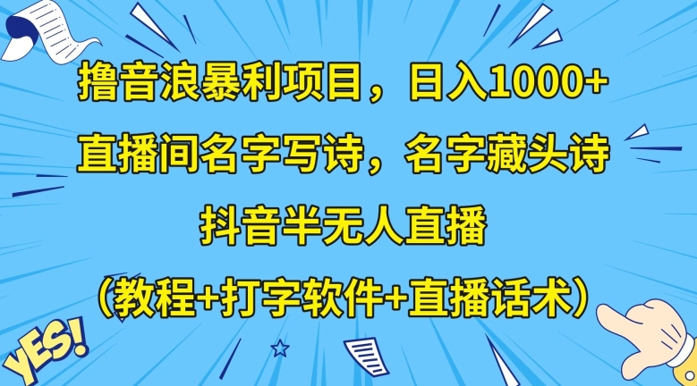 撸音浪暴利项目，日入1000+，直播间名字写诗，名字藏头诗，抖音半无人直播（教程+打字软件+直播话术）【揭秘】 - 副业心选-副业心选
