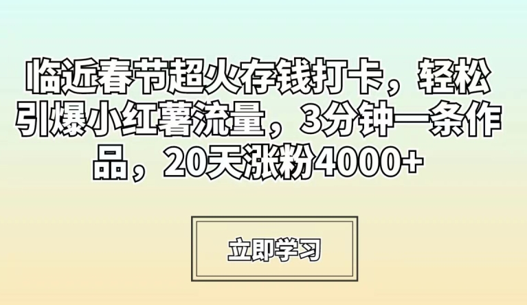 临近春节超火存钱打卡，轻松引爆小红薯流量，3分钟一条作品，20天涨粉4000+ - 副业心选-副业心选