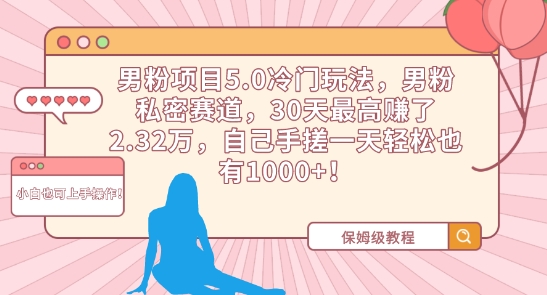 男粉项目5.0冷门玩法，男粉私密赛道，30天最高赚了2.32万，自己手搓一天轻松也有1000+ - 副业心选-副业心选