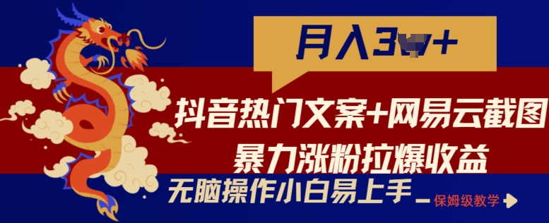 抖音热门文案+网易云截图暴力涨粉拉爆收益玩法，小白无脑操作，简单易上手 - 副业心选-副业心选