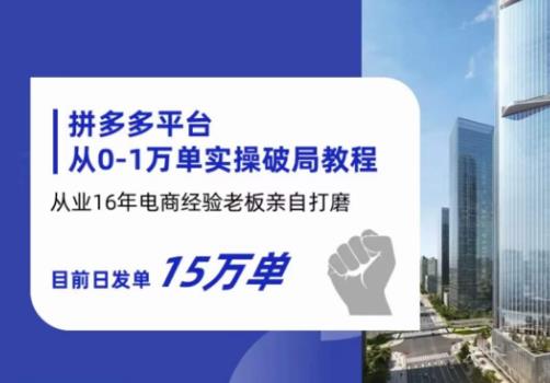 拼多多从0-1万单实操破局教程，从业16年电商经验打磨，目前日发单15万单 - 副业心选-副业心选