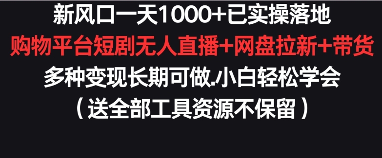 新风口一天1000+已实操落地购物平台短剧无人直播+网盘拉新+带货多种变现长期可做-副业心选