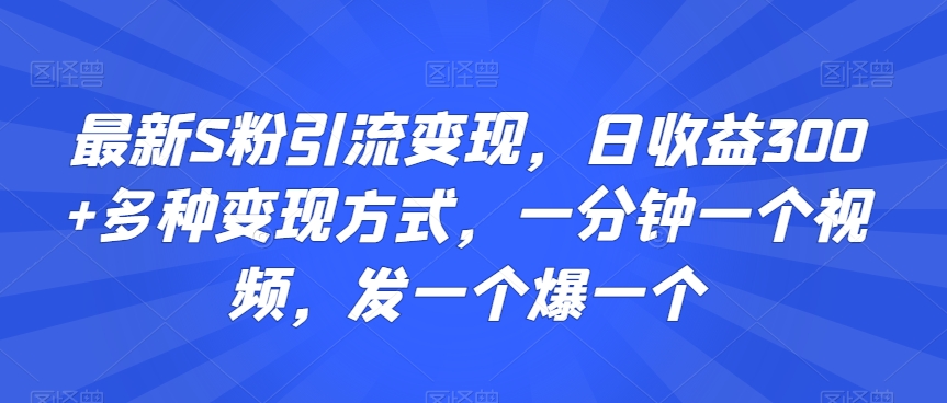 最新S粉引流变现，日收益300+多种变现方式，一分钟一个视频，发一个爆一个-副业心选