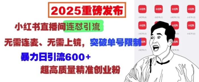 2025重磅发布：小红书直播间连怼引流，无需连麦、无需上镜，突破单号限制，暴力日引流600+-副业心选
