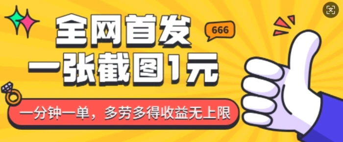 全网首发，一张截图1块钱，一分钟一单，多劳多得，收益无上限-副业心选