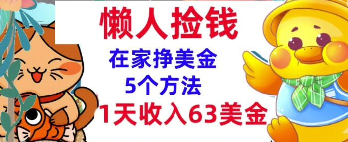 在家挣美金的5个方法，1天收入63美刀，内部教程，超简单，无脑操作 - 副业心选-副业心选