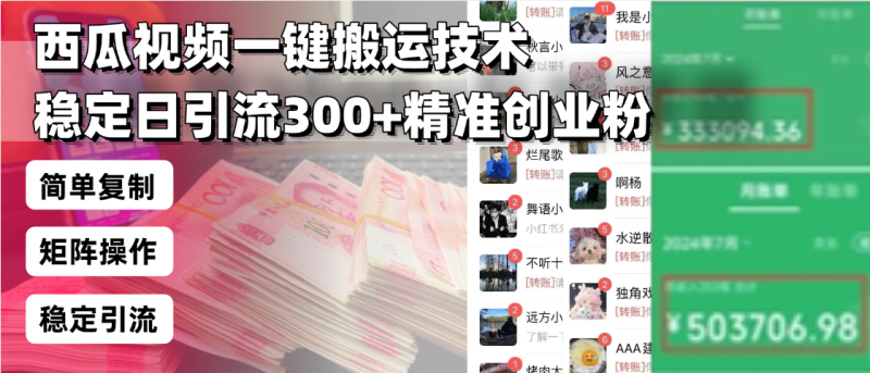 （13961期）西瓜视频一键搬运技术，稳定日引流300+精准创业粉，简单可复制给团队，…-副业心选
