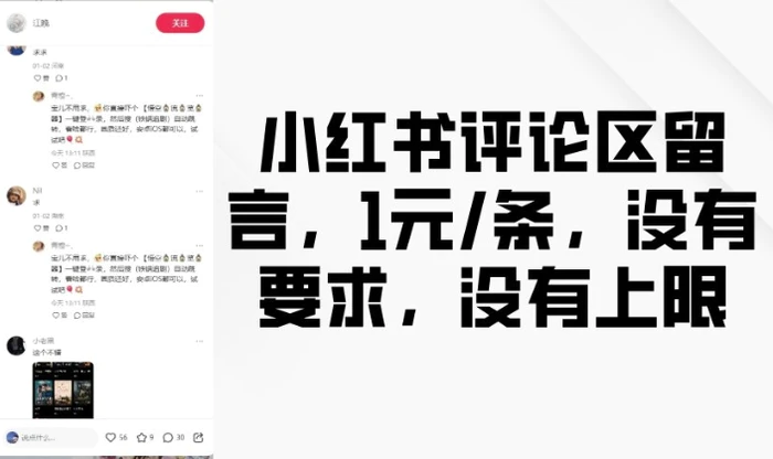 小红书评论区留言，1元条，没有要求，没有上限-副业心选