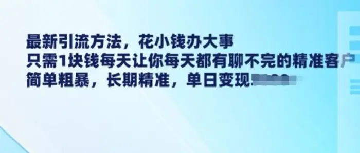 最新引流方法，花小钱办大事，只需1块钱每天让你每天都有聊不完的精准客户 简单粗暴，长期精准 - 副业心选-副业心选
