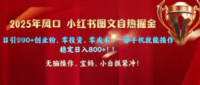 25年风口小红书图文掘金，日引300+创业粉、零投资、零成本、一部手机就能操作-副业心选