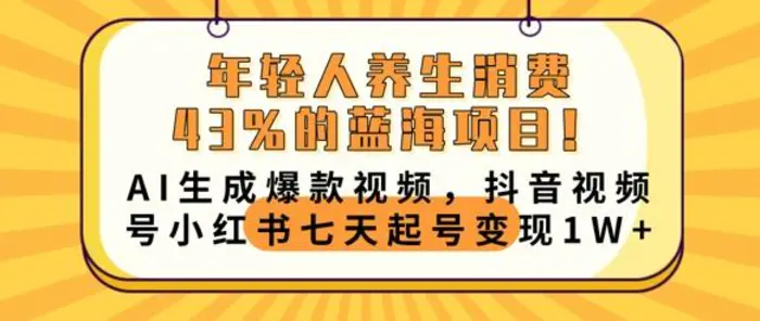 年轻人养生消费43%的蓝海项目，AI生成爆款视频，抖音视频号小红书七天起号变现1w-副业心选