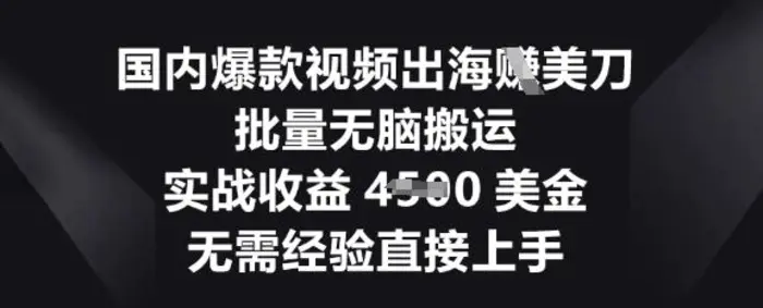 国内爆款视频出海挣美刀，批量无脑搬运，实战收益4.5k，无需经验直接上手 - 副业心选-副业心选
