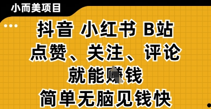 小而美的项目，抖音小红书B站视频点赞、关注、评论就能挣钱，简单无脑立见收益，妥妥的零撸项目 - 副业心选-副业心选
