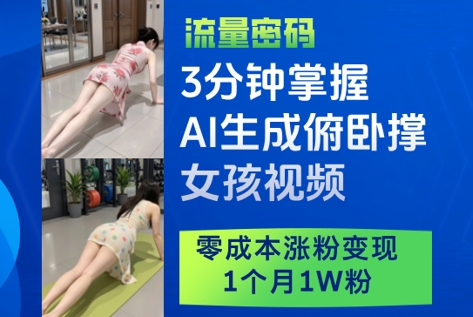 3分钟掌握AI生成俯卧撑女孩视频，零成本涨粉变现，1个月1W粉 - 副业心选-副业心选