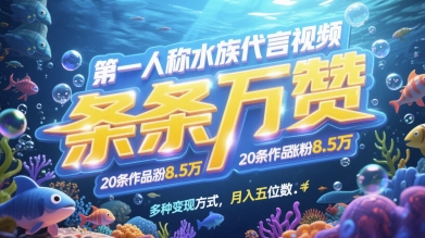 第一人称水族代言视频，条条万赞，20条作品涨粉7.8W，多种变现方式月入五位数 - 副业心选-副业心选