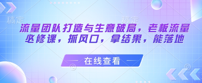 流量团队打造与生意破局，老板流量必修课，抓风口，拿结果，能落地 - 副业心选-副业心选