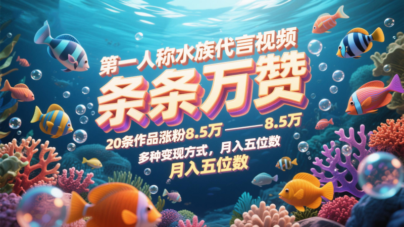 第一人称水族代言视频，条条万赞，20条作品涨粉8.5万，多种变现方式月，入五位数-副业心选