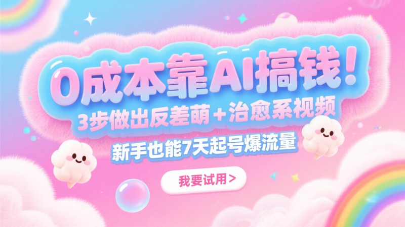 0成本靠AI搞钱！3步做出反差萌+治愈系视频，新手也能7天起号爆流量，月入5位数-副业心选
