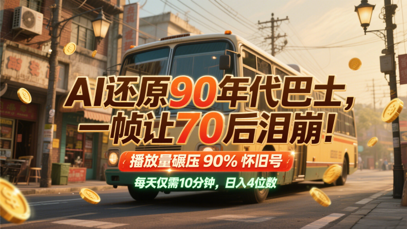 AI还原90年代巴士，一帧让70后泪崩！播放量碾压90%怀旧号，每天10分钟，日入4位数-副业心选