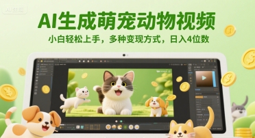 AI生成萌宠动物视频，小白轻松上手，多种变现方式，日入4位数-副业心选