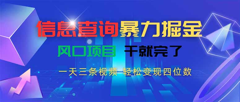 信息查询暴力掘金，一天三条视频 轻松变现四位数，风口项目干就完了-副业心选
