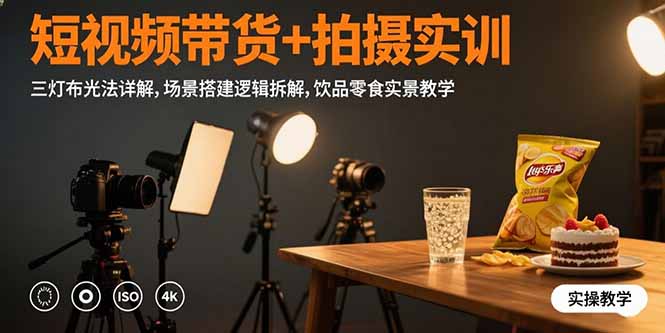 短视频带货+拍摄实训：三灯布光法详解,场景搭建逻辑拆解,饮品零食实景教学-副业心选