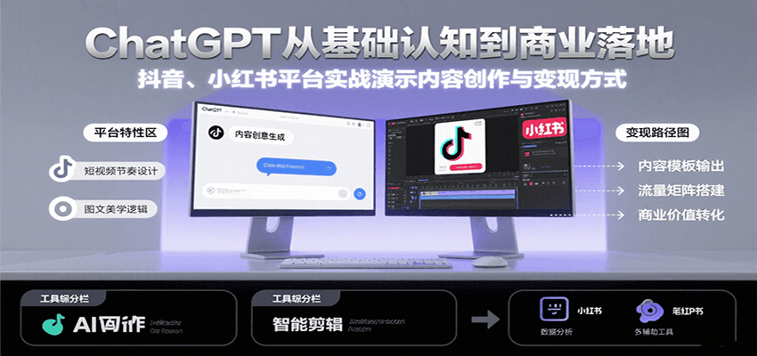 ChatGPT从基础认知到商业落地，实战演示抖音、小红书等平台的内容创作与变现-副业心选
