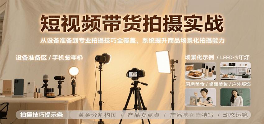 短视频带货拍摄实战，从设备准备到专业拍摄技巧全覆盖，系统提升商品场景化拍摄能力-副业心选