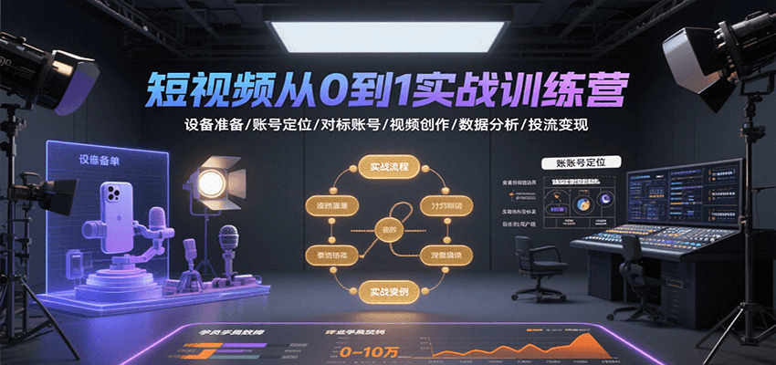 短视频从0到1实战训练营：设备准备/账号定位/对标账号/视频创作/数据分析/投流变现 - 副业心选-副业心选