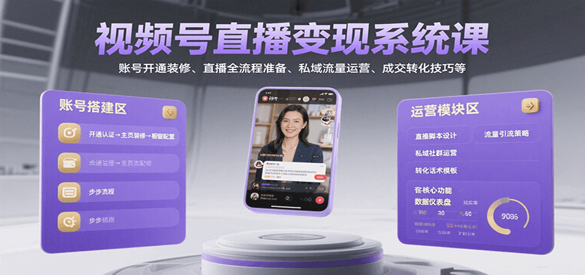 视频号直播变现系统课，账号开通装修、直播全流程准备、私域流量运营、成交转化技巧等 - 副业心选-副业心选