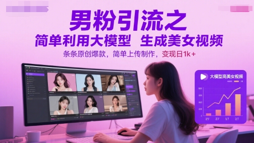 男粉引流之简单利用大模型生成美女视频，条条原创爆款，简单上传制作，变现日1k+-副业心选